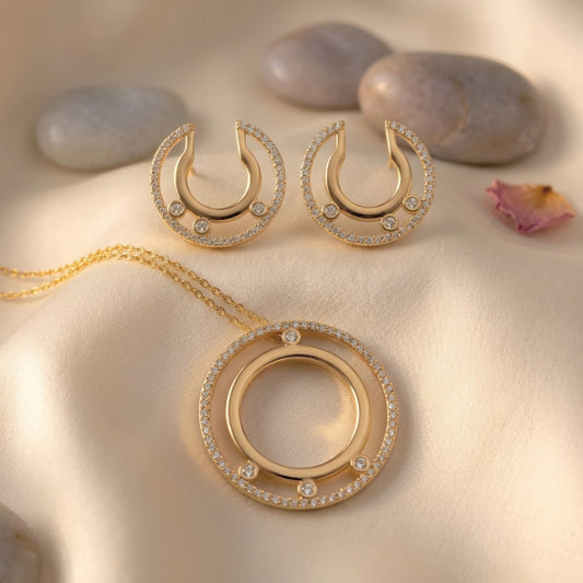 Gold Plated Circle Pendant Set with Stones