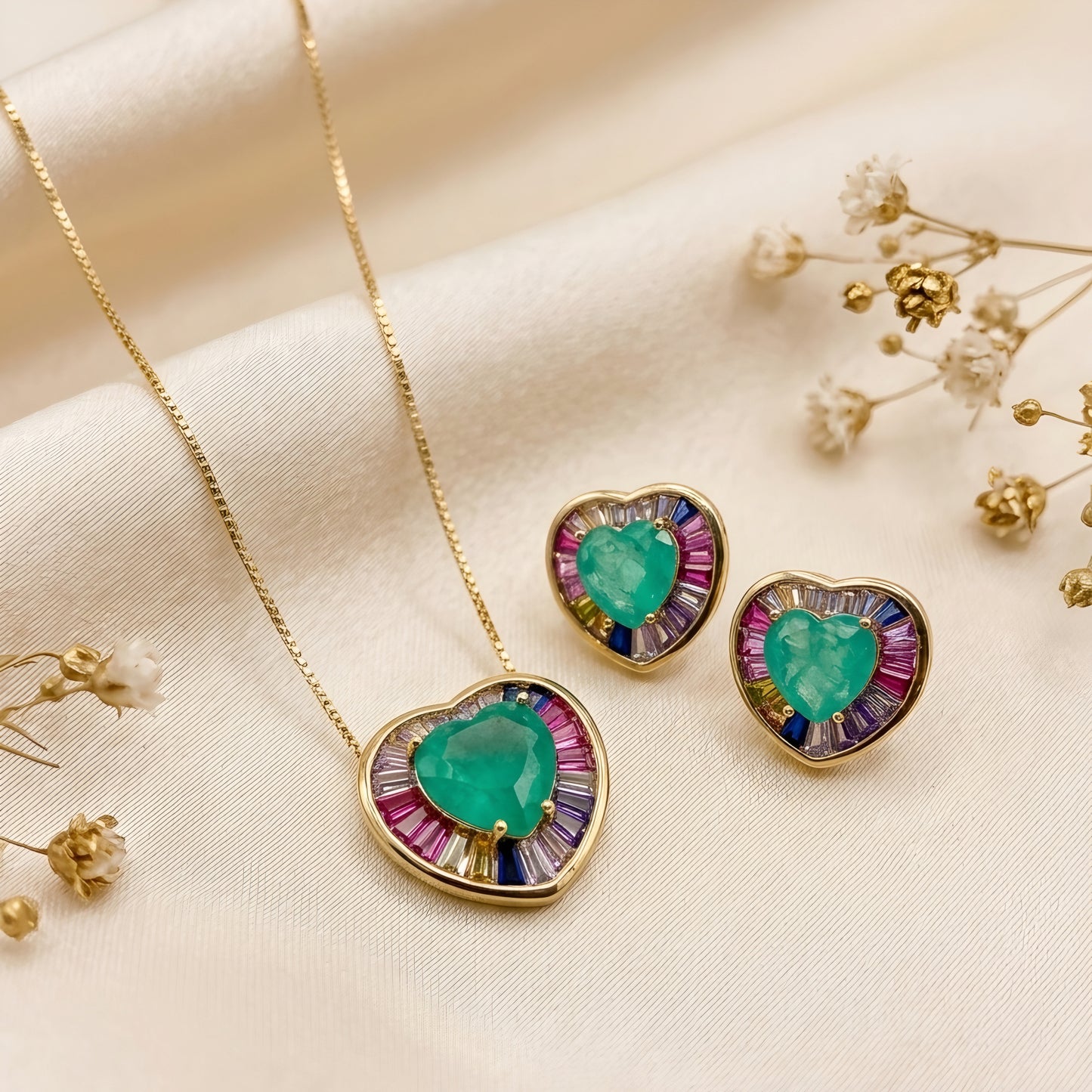 Heart Shaped Pendant Set with Aqua Colour
