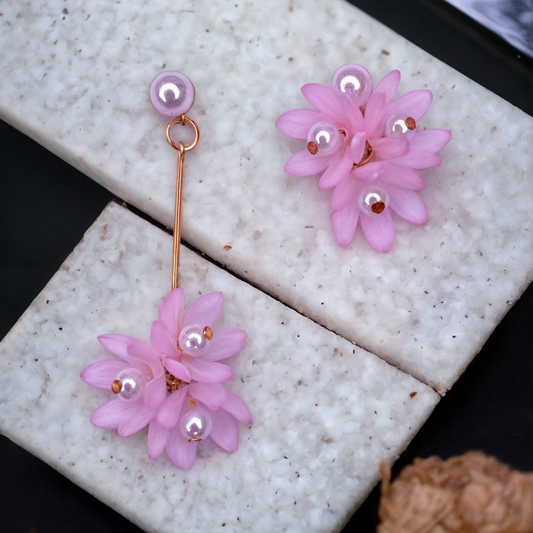 Pink Floral Drop Earrings with Pearl