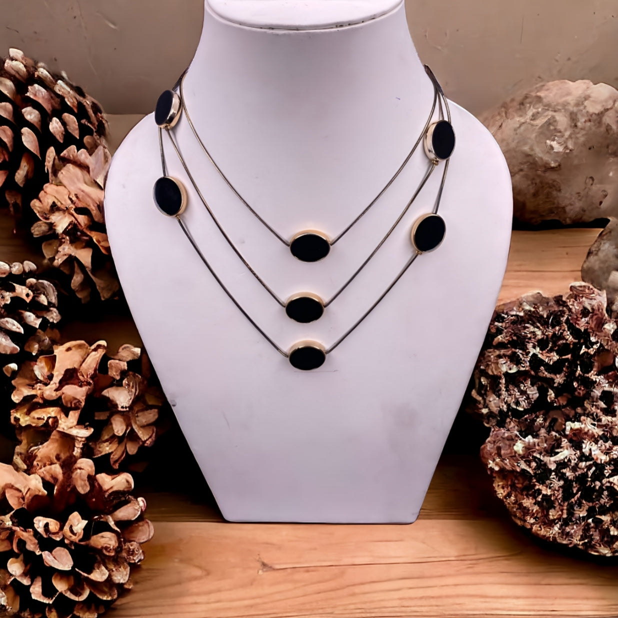 Multi Layer Black Faux Onyx Stone Necklace