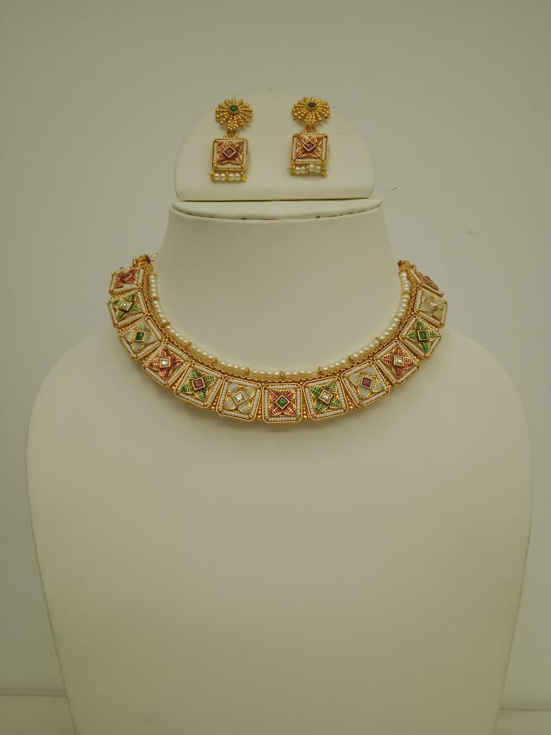 Vibrant Multicolored Enamel & Pearl Square Necklace Set