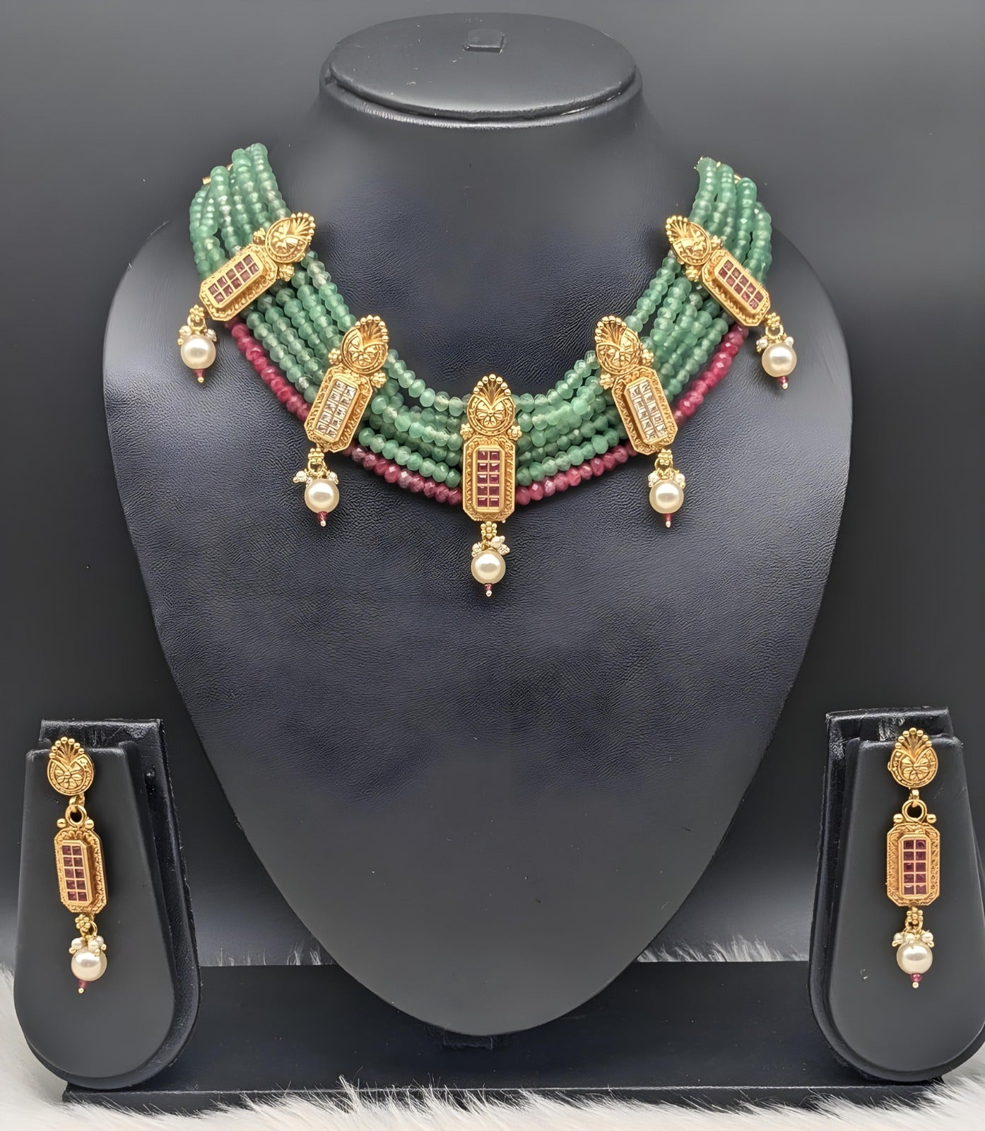 Multi-Strand Emerald & Ruby Bead Choker Set