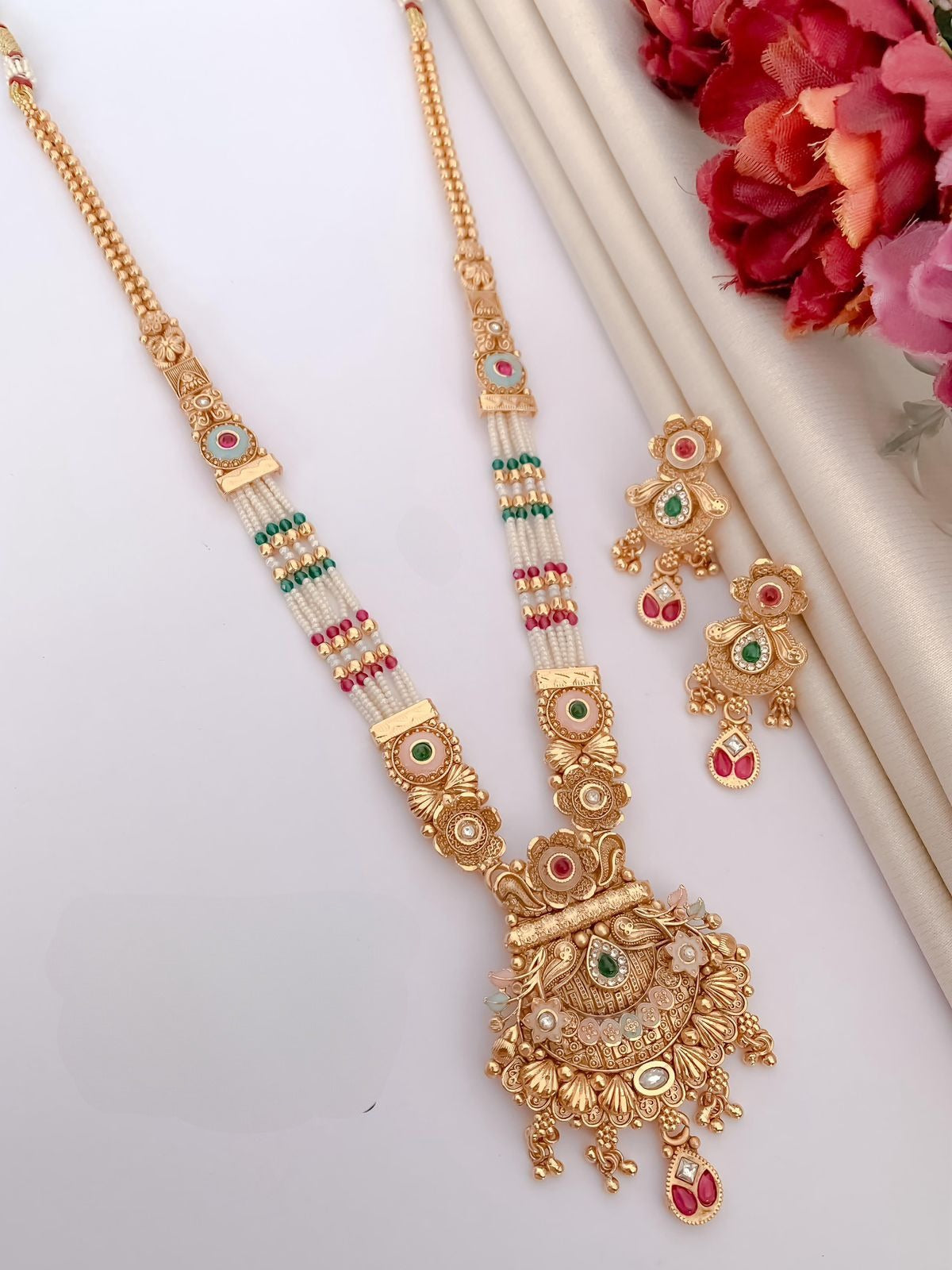 Gold-Plated Long Rani Haar with Meenakari Accents