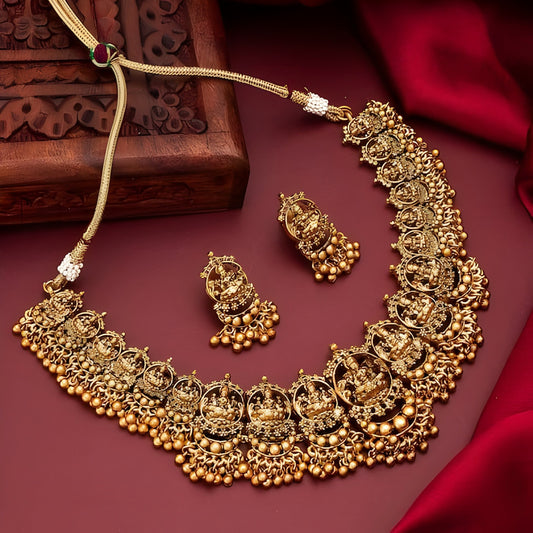 Divine Temple Heritage Necklace Set with Goddess Laxmi Motifs