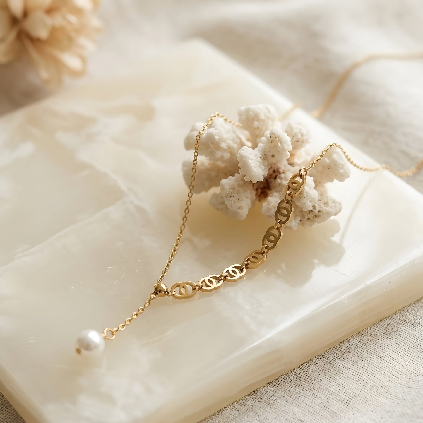 Pearl Drop Interlocking Gold Necklace