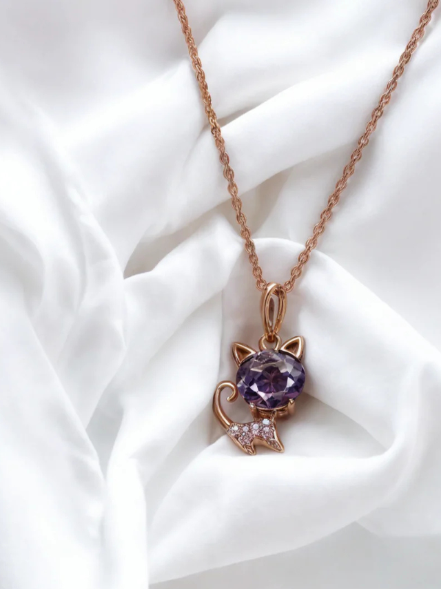 Cute Cat Chain Pendant with Grey Stone & CZ