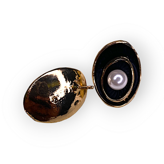 Circular Black and Golden Pearl Earrings